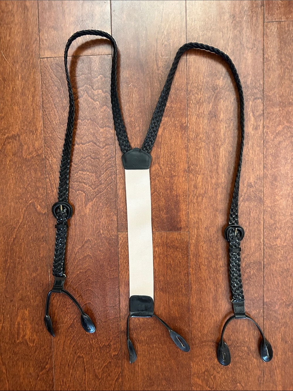 Torino Black Braided Leather Buckle Suspenders with Beige Elastic Center